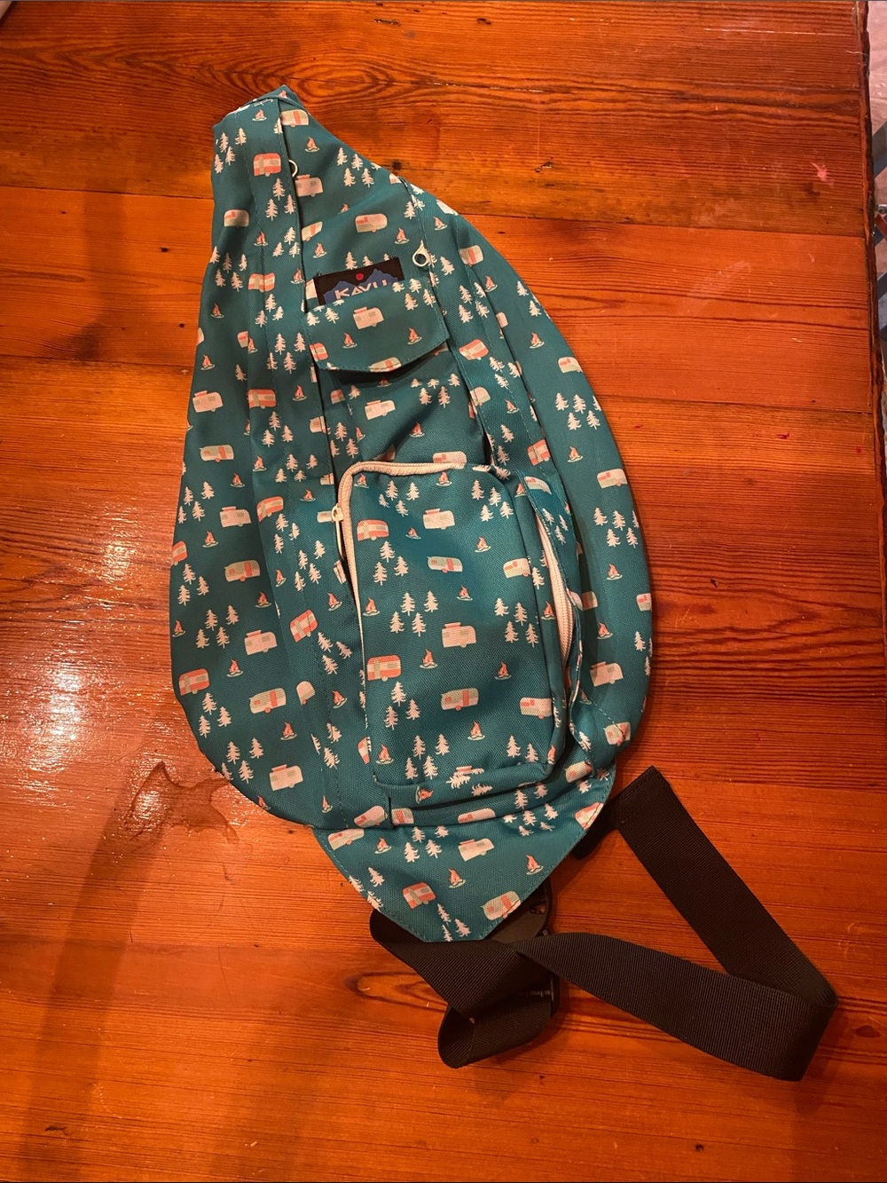 Kavu Teal Camper-Print Sling Bag